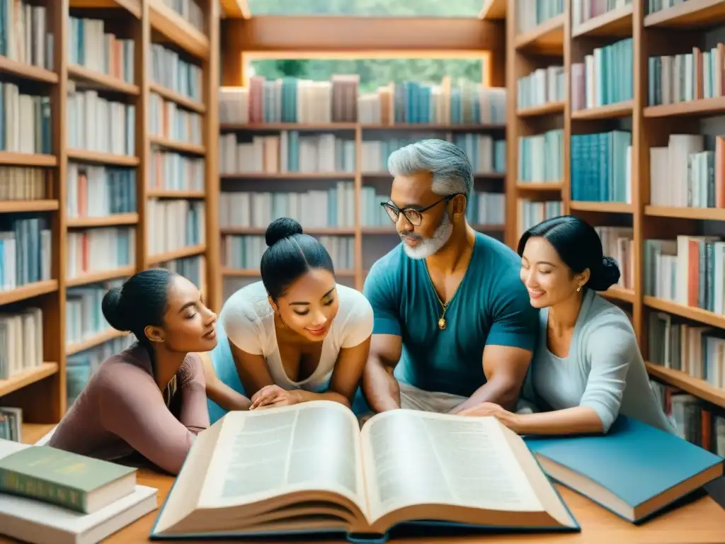 Unión a través de la lectura: diversidad cultural en acuarela Un vibrante mural acuarela muestra diversidad generacional y cultural, unidos por libros flotantes en varios idiomas