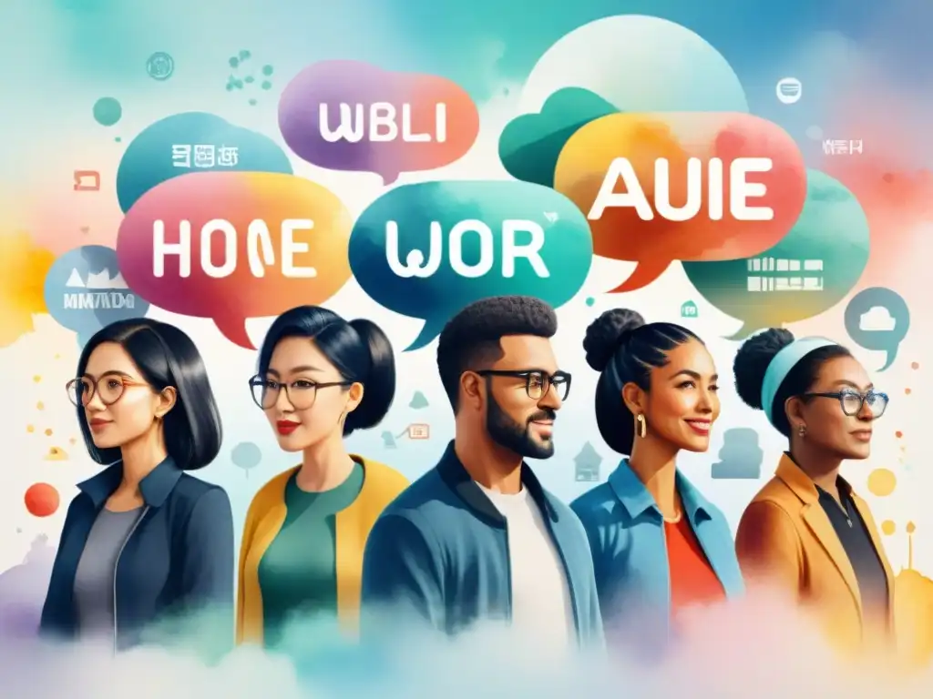 Un vibrante mural acuarela muestra diversidad de personas dialogando en sus idiomas, resistiendo homogeneización dialectos lingüísticos