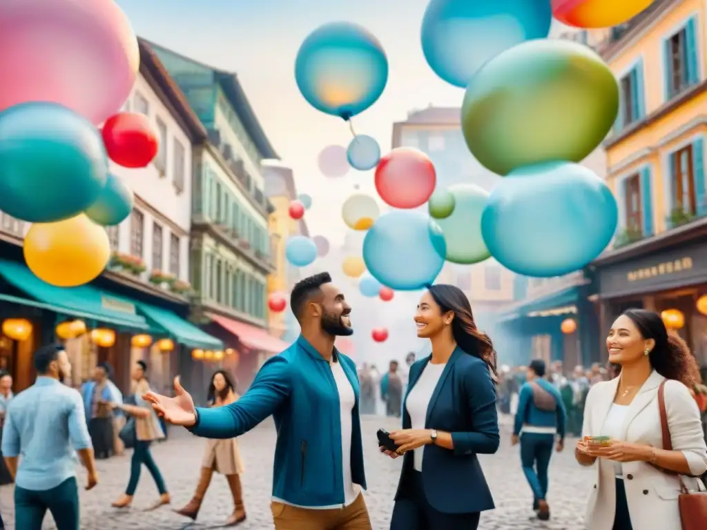 Un vibrante mural acuarela de un grupo diverso en animadas conversaciones multilingües en una plaza urbana, representando intercambio cultural