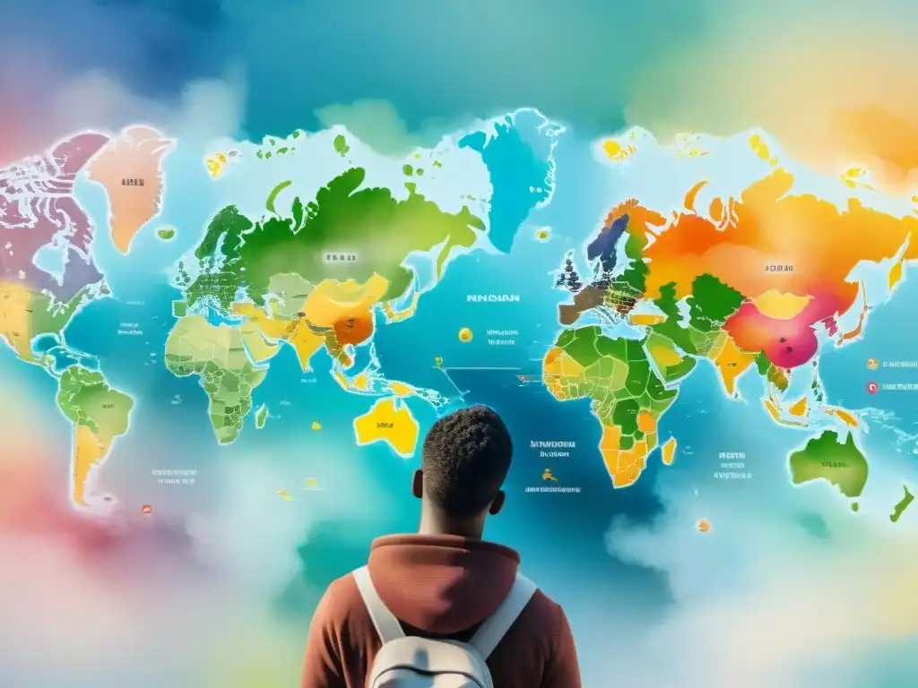 Conversaciones multiculturales: diversidad lingüística en acuarela Un vibrante mural acuarela que representa interacción lenguas oficiales dialectos, gente diversa conversando en diferentes idiomas y dialectos