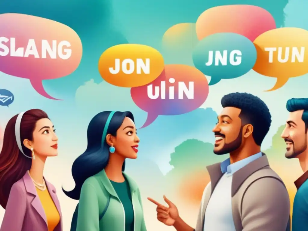 Un vibrante mural de acuarela muestra a personas de distintas culturas conversando en jergas y slang, destacando la traducción multicultural