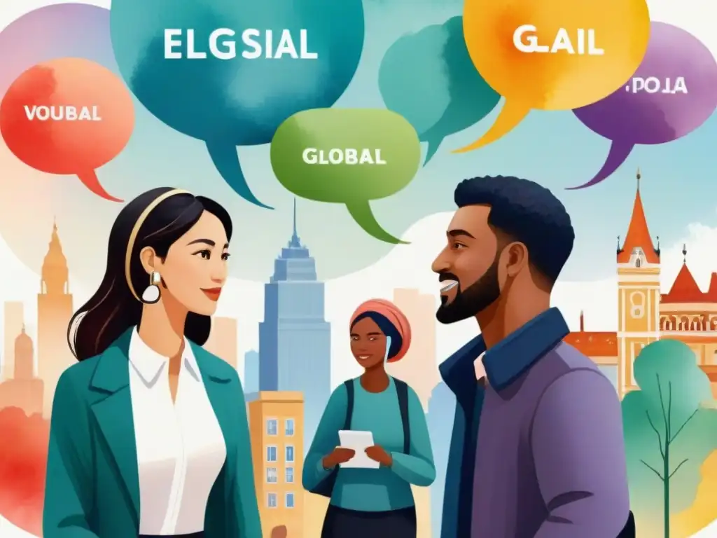 Un vibrante mural acuarela de personas de diversas culturas hablando inglés, reflejando la influencia del inglés en idiomas a nivel global