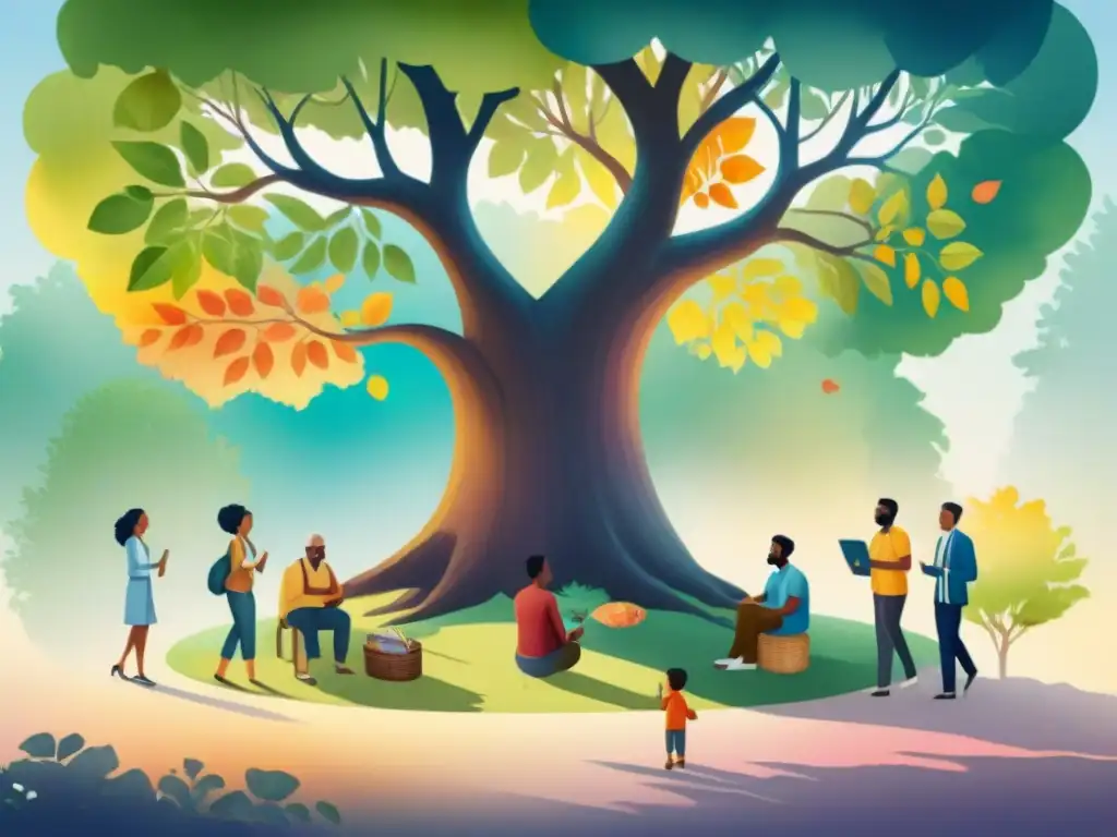 Un vibrante mural acuarela de personas diversas debajo de un árbol, hablando diferentes idiomas en burbujas