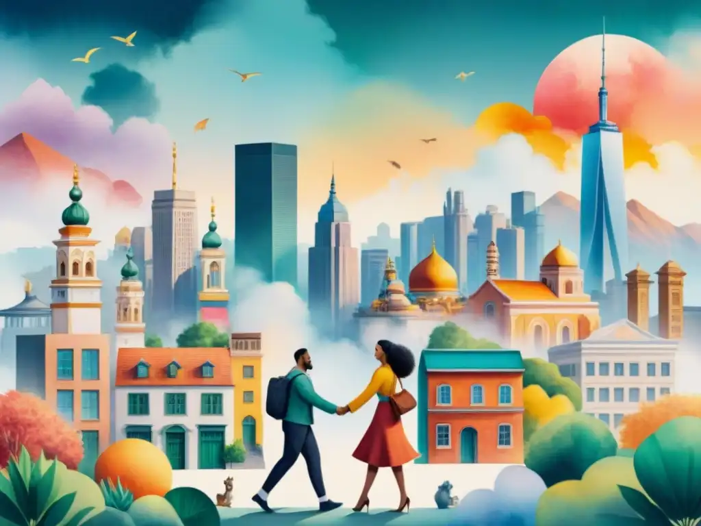 Un vibrante mural de una ciudad diversa y multicultural, celebrando la riqueza lingüística y cultural mundial