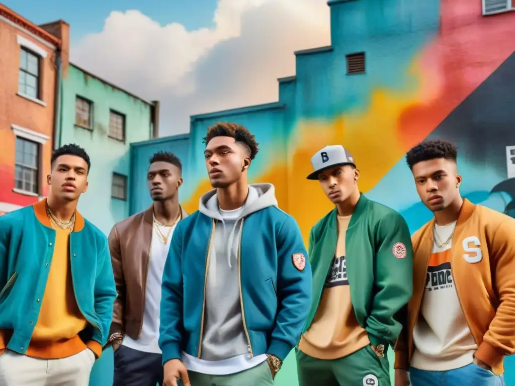 Juventud urbana diversa: ilustración detallada en acuarela Un vibrante mural urbano que retrata la identidad lingüística en rap urbano de jóvenes diversos, con moda y gestos únicos