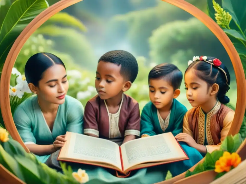 Ilustración acuarela vibrante de niños diversos leyendo en círculo, uniendo culturas con literatura en lenguas originales