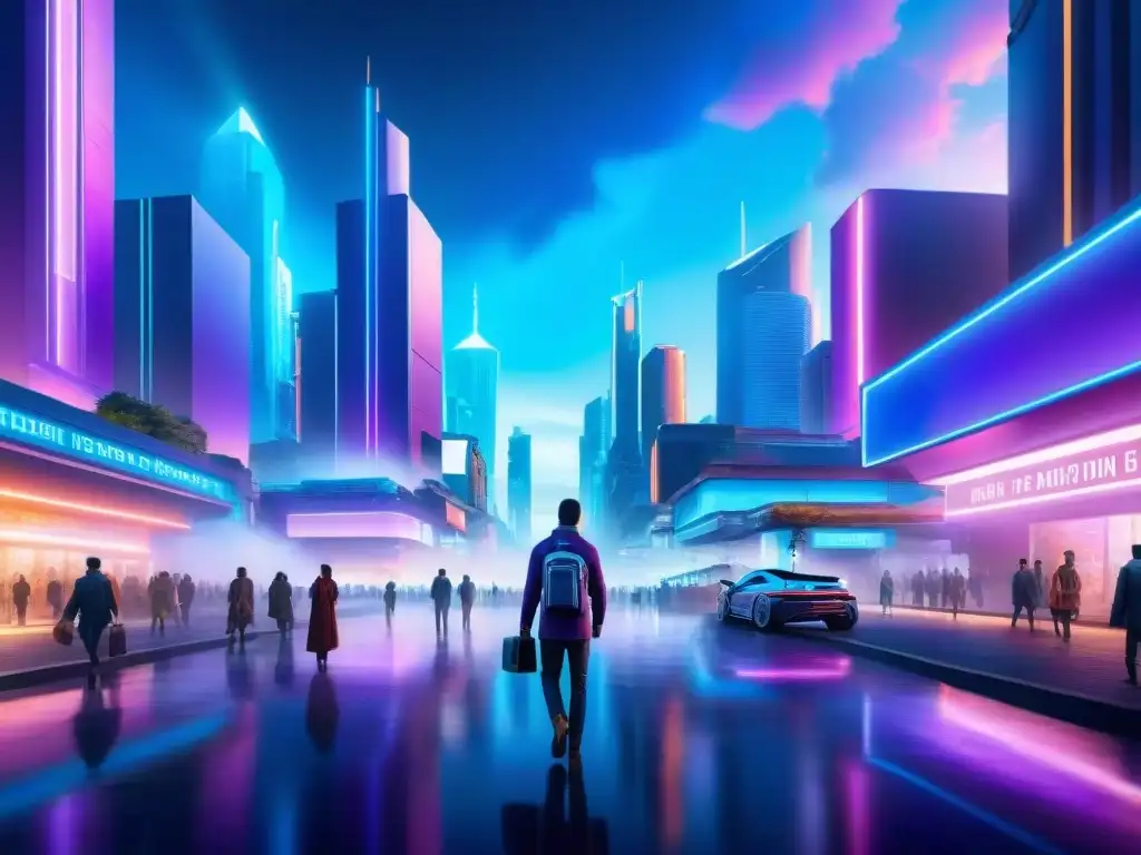 Un vibrante paisaje urbano futurista con IA generación de texto