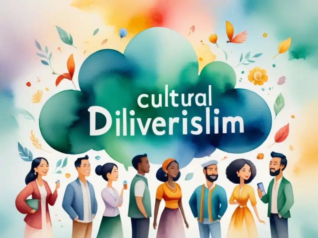 Una ilustración acuarela vibrante con personas diversas en conversación, resaltando la riqueza de monolingüismo y diversidad cultural