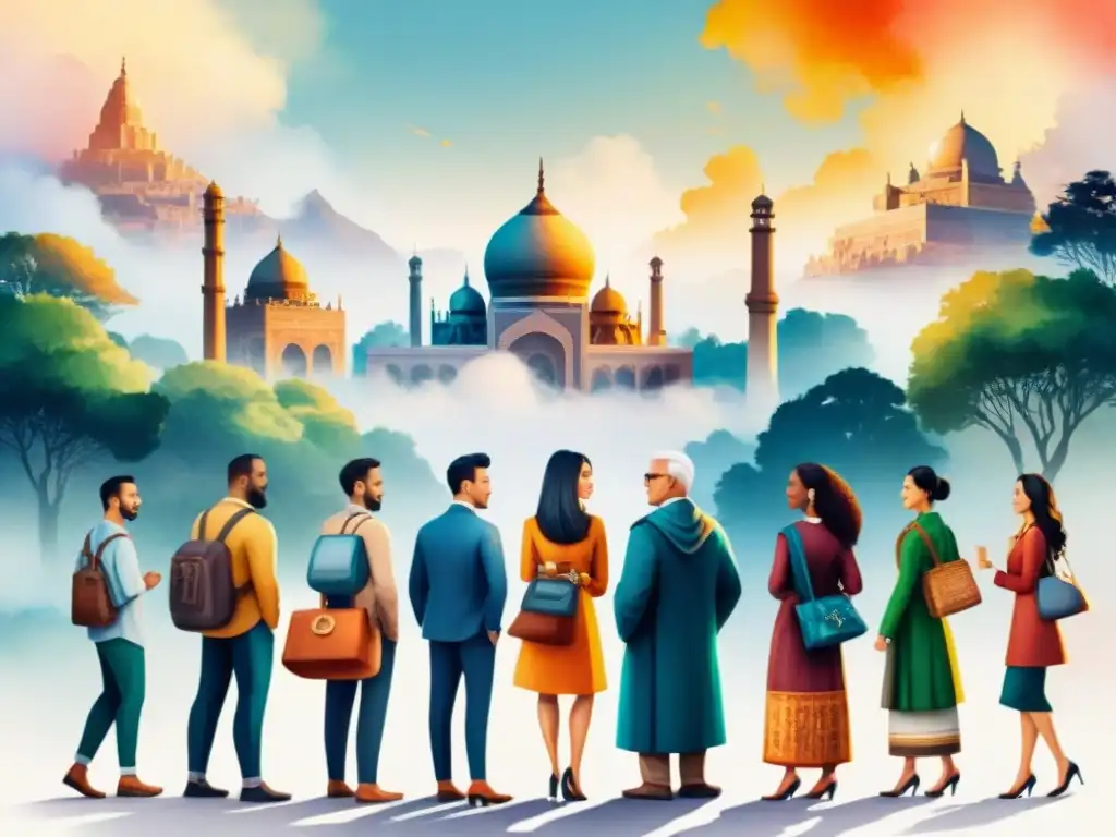 Una ilustración acuarela vibrante de personas diversas de distintas culturas y etnias conversando en sus idiomas nativos