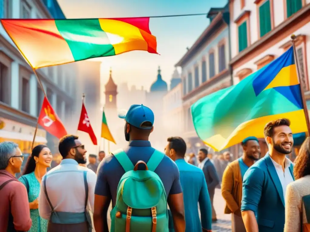 Una ilustración acuarela vibrante de personas diversas hablando distintos idiomas en una plaza de ciudad bulliciosa