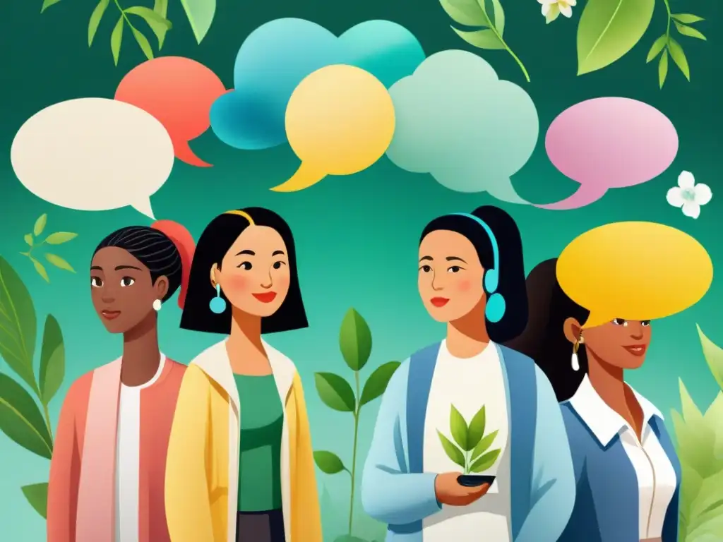 Una ilustración acuarela vibrante de personas diversas hablando diferentes idiomas, rodeadas de símbolos de lenguas en peligro y vegetación exuberante