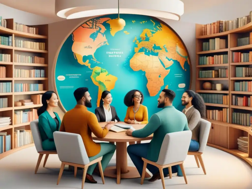 Una ilustración acuarela vibrante de personas diversas discutiendo en una sala acogedora, rodeados de libros y un mapa mundial