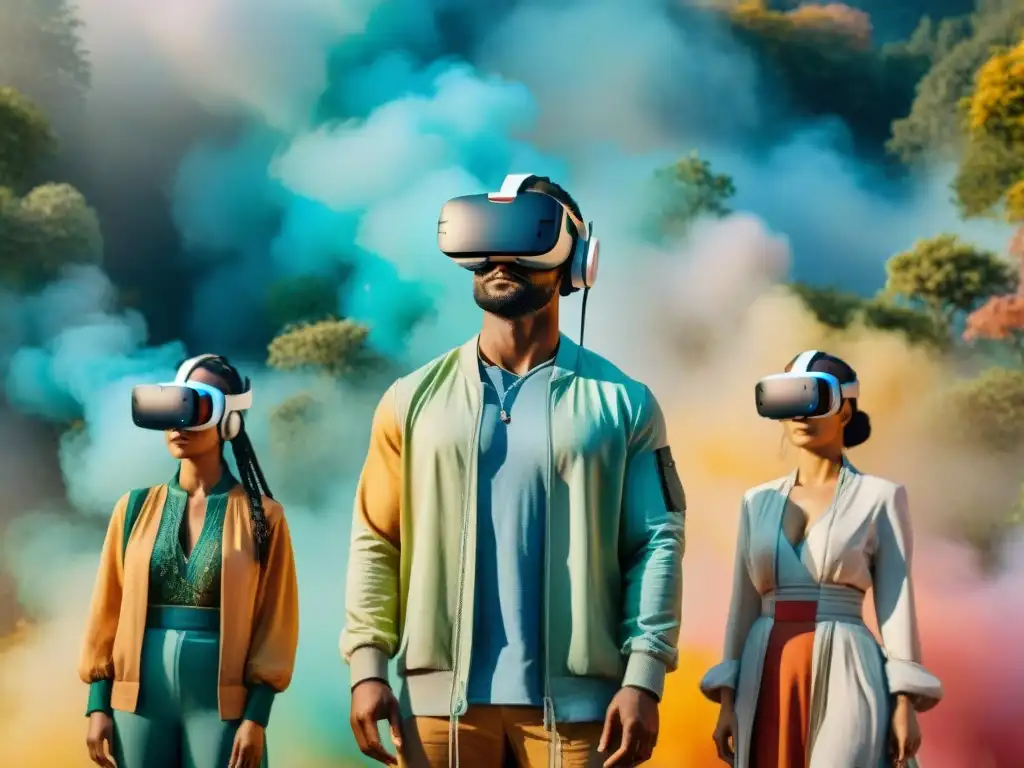 Una ilustración acuarela vibrante de personas diversas en trajes tradicionales, experimentando realidad virtual