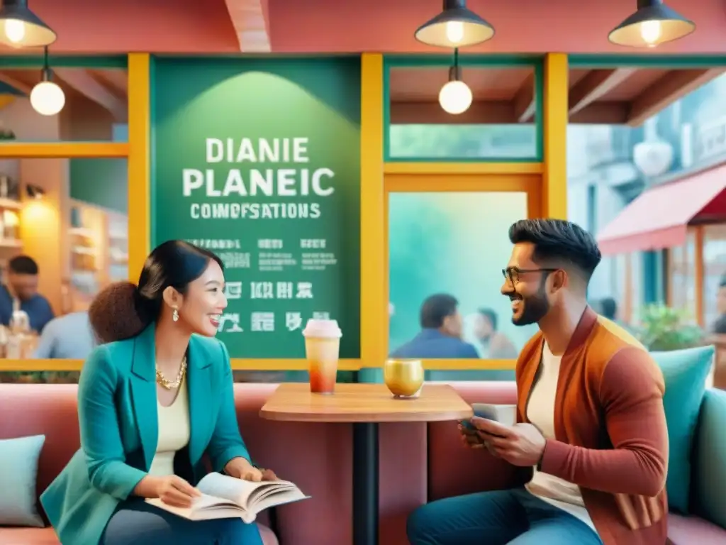 Café multicultural: diálogos vibrantes en diferentes idiomas Una ilustración acuarela vibrante que muestra interacción entre personas de diferentes lenguas y dialectos en un café encantador