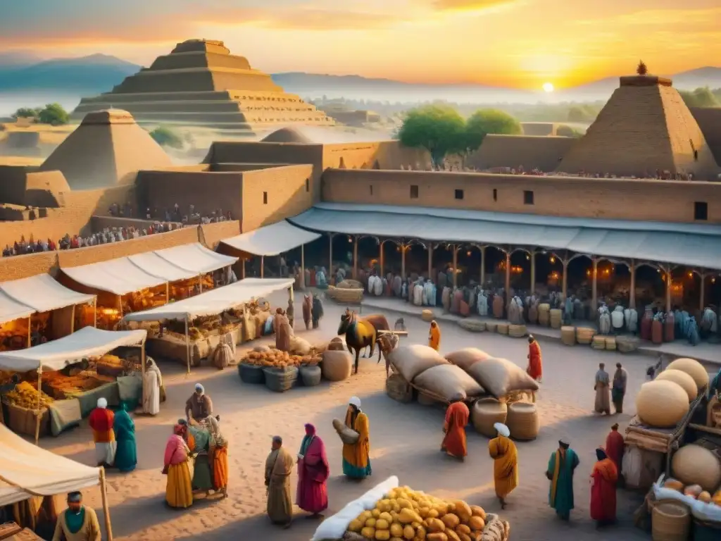 Vibrante pintura acuarela de un bullicioso mercado sumerio con detalles vívidos y palabras sumerias en léxico
