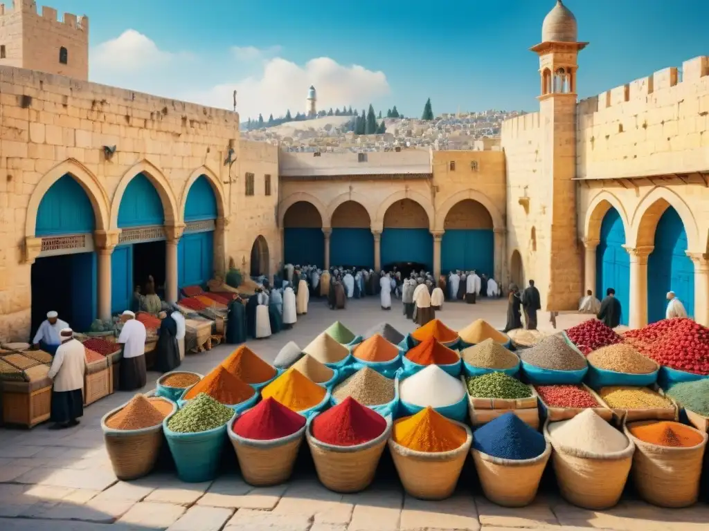 Vibrante pintura acuarela de un bullicioso mercado en Jerusalén, ideal para aprender hebreo para principiantes