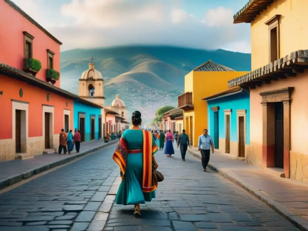 Vibrante pintura acuarela de calles de Oaxaca, con edificios coloridos, locales vendiendo artesanías y las ruinas de Monte Albán