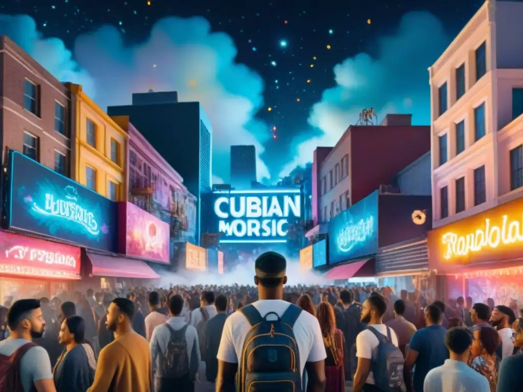 Vibrante pintura acuarela de una ciudad nocturna con música electrónica y dialectos urbanos