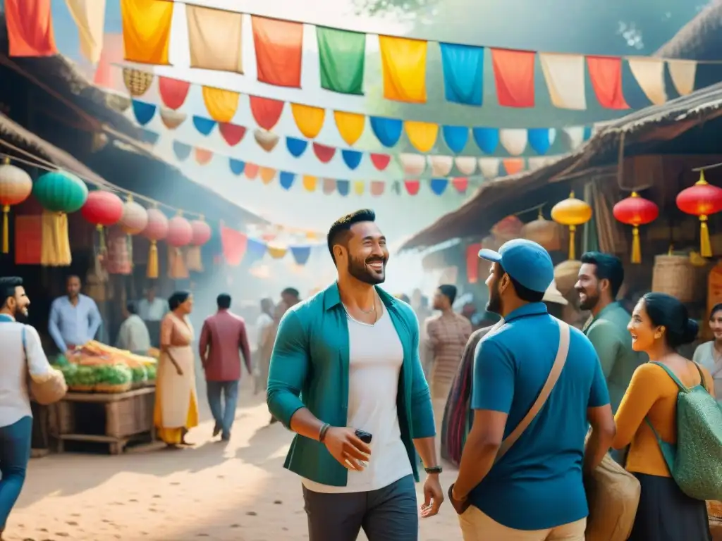 Vibrante pintura acuarela de diversidad cultural en un mercado, revitalización lingüística diáspora lenguas vivas