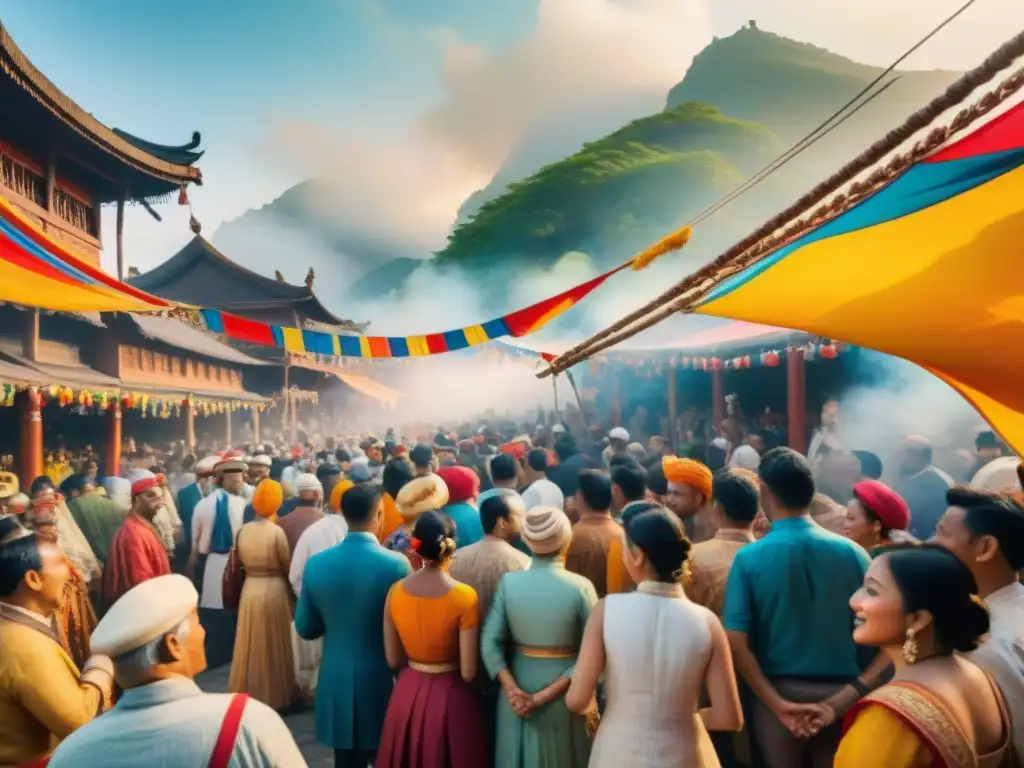 Colorida celebración multicultural en festival tradicional Vibrante pintura acuarela de festival multicultural: bailes, música y colores