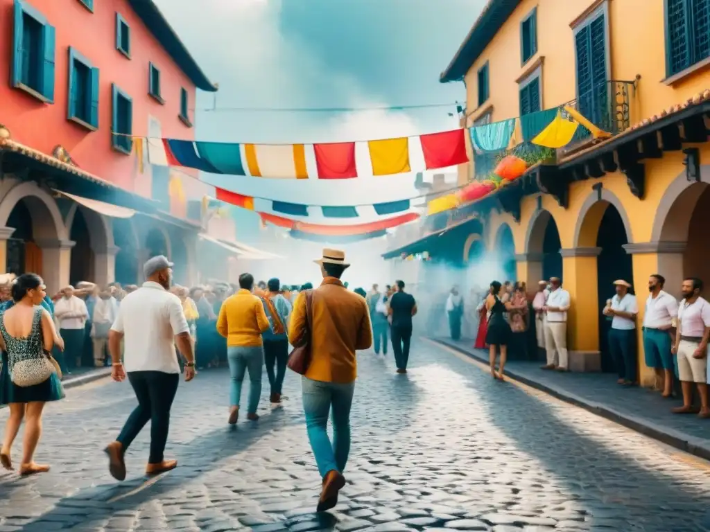 Vibrante pintura acuarela de Festival Internacional Cervantino, con arquitectura española, artistas callejeros y diversa multitud