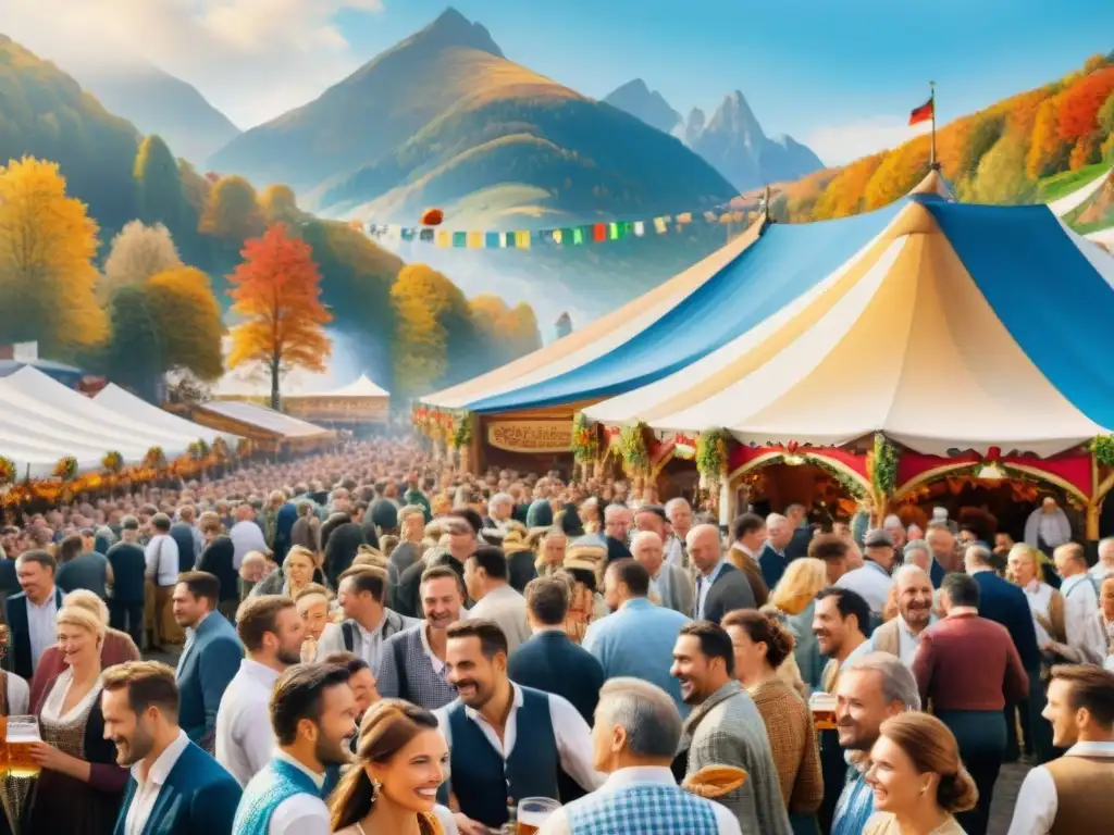 Vibrante pintura acuarela de Oktoberfest en Alemania con gente en trajes tradicionales y carpas de colores