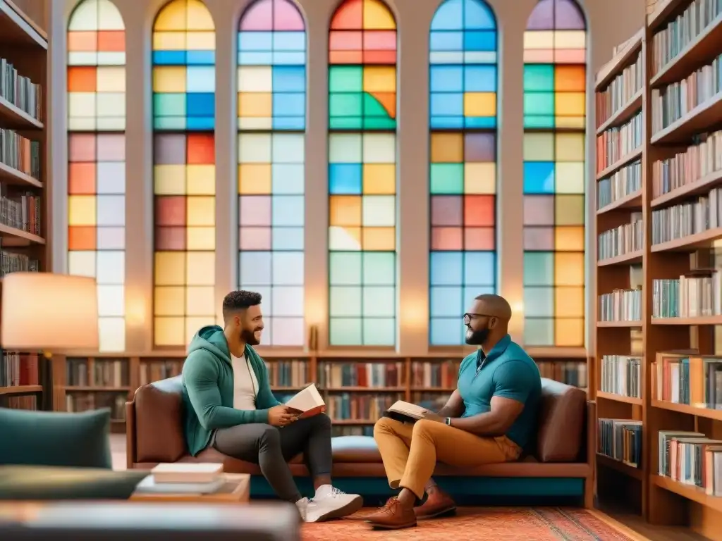 Un vibrante retrato de diversidad cultural en una biblioteca multilingüe, fomentando la interculturalidad