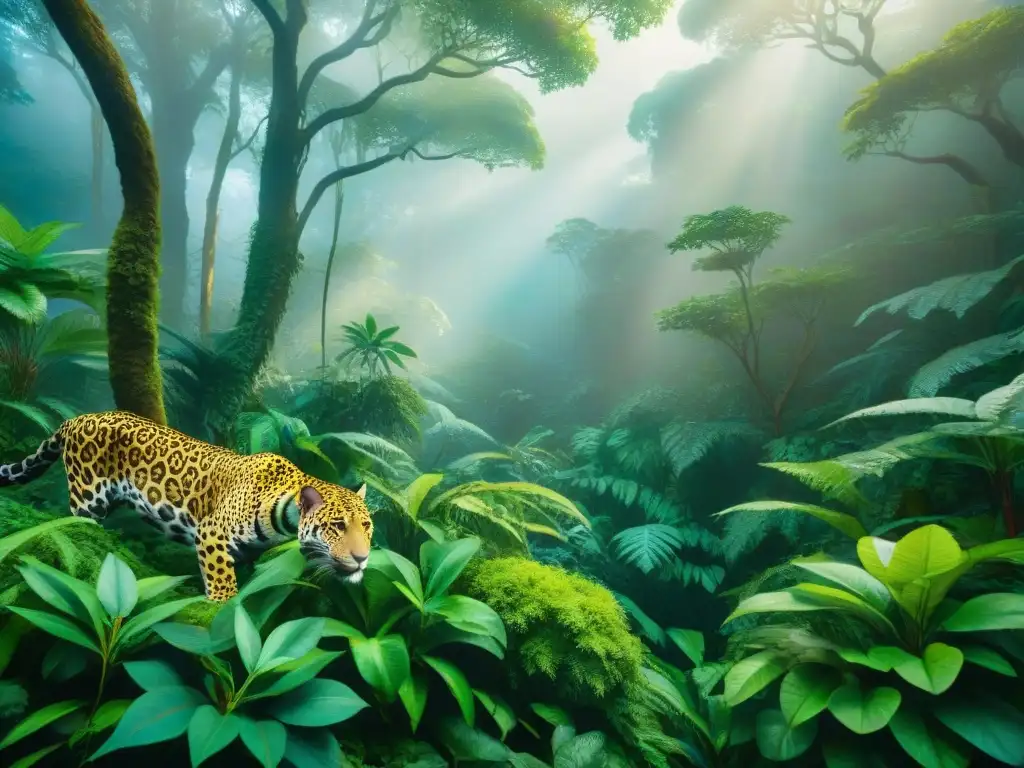 Una ilustración acuarela vibrante de una selva exuberante, con animales en peligro como un jaguar, quetzal y monos