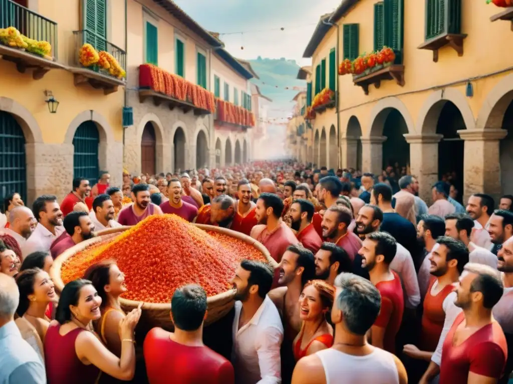 Vibrante ilustración acuarela de La Tomatina en Buñol, España, con festivales culturales coloridos vibrantes