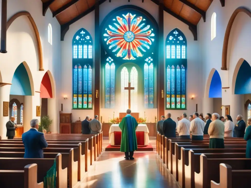 Vibrantes colores iluminan una iglesia con inscripciones en Latín durante una liturgia tradicional