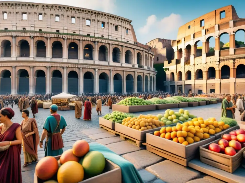 Vida cotidiana en la antigua Roma: ilustración acuarela detallada de un bullicioso mercado romano con vendedores y arquitectura majestuosa al fondo