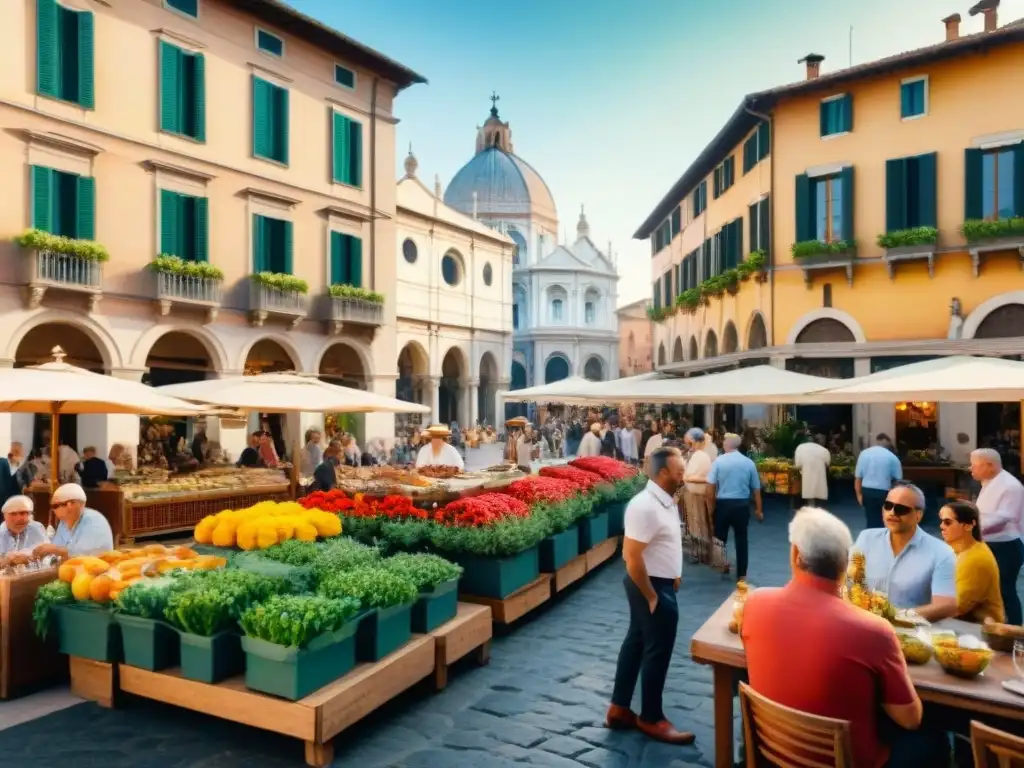 Vista detallada de una animada plaza italiana en acuarela, evocando la vida diaria y la cultura italiana