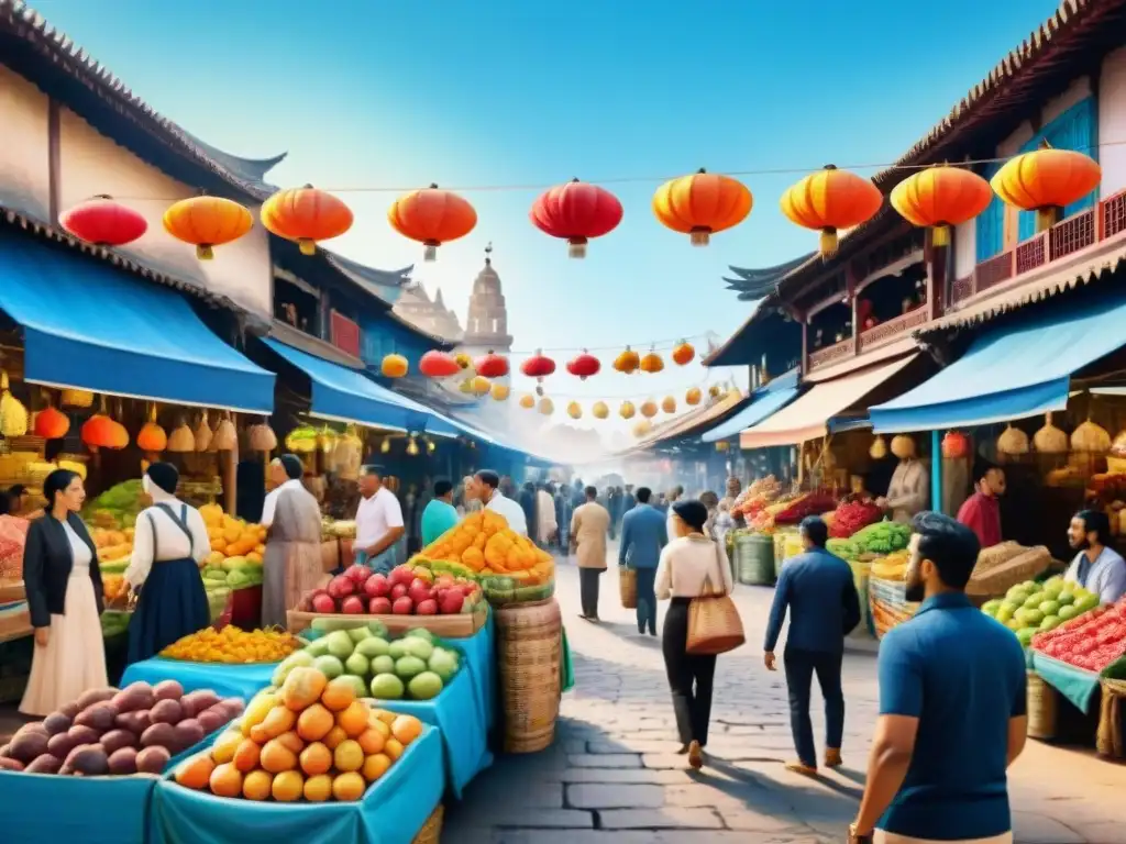 Vista detallada de un bullicioso mercado en una ciudad culturalmente rica, reflejando diversidad lingüística