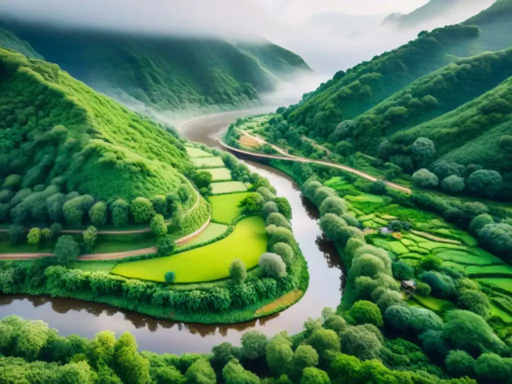 Vista de río serpenteante en paisajes verdes, gente conversando en distintos dialectos, destacando el impacto de barreras naturales en dialectos