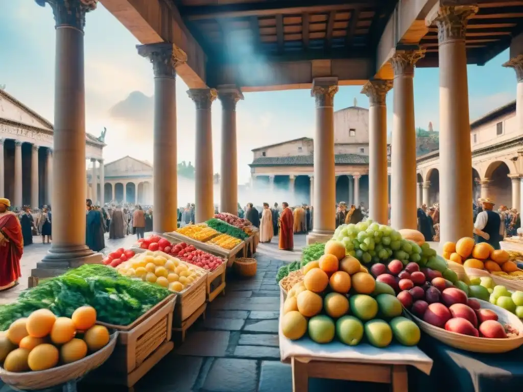 Vívida ilustración acuarela de un bullicioso mercado romano, con detalles arquitectónicos y ciudadanos en trajes tradicionales