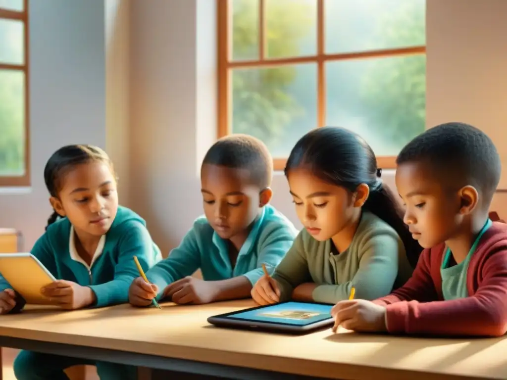 Un vívido acuarela de niños diversos usando software educativo para mejorar habilidades de lectura multilingüe en aula soleada y acogedora