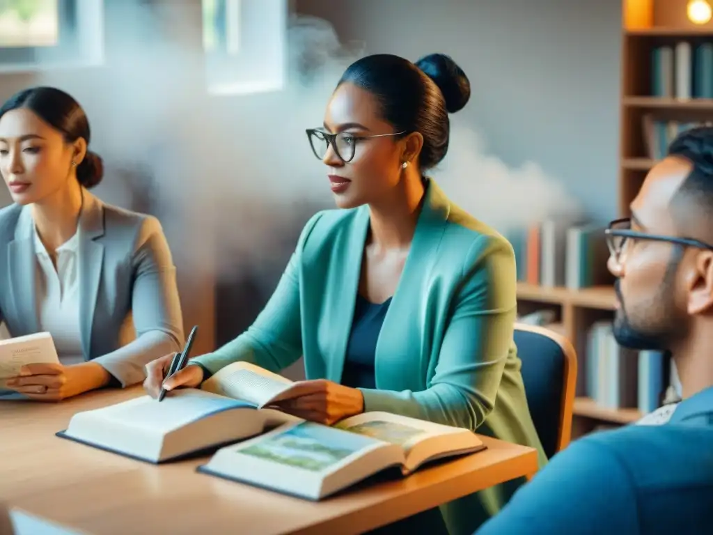 Un workshop de diversidad en Evaluación de competencias lingüísticas APTIS: profesionales interactúan en aula moderna con libros y dispositivos